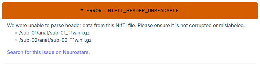 A NIFTI_HEADER_UNREADABLE error in the web validator. (Light theme)