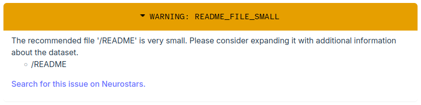 A README_FILE_SMALL warning in the web validator. (Light theme)